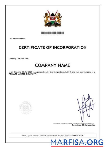 Downloadable Kenya certificate of incorporation Word and PDF template